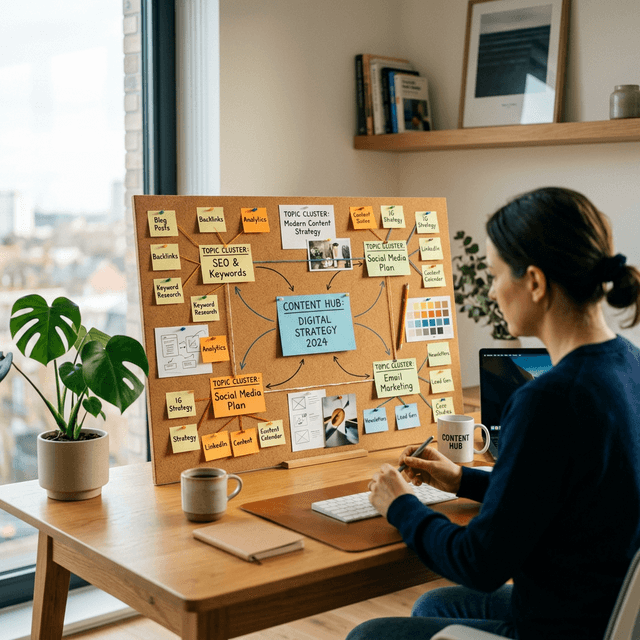 A hub and spoke diagram showing a central topic connected to multiple subtopic pages