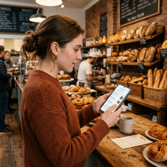 A local business owner reviewing search analytics on a tablet in their shop