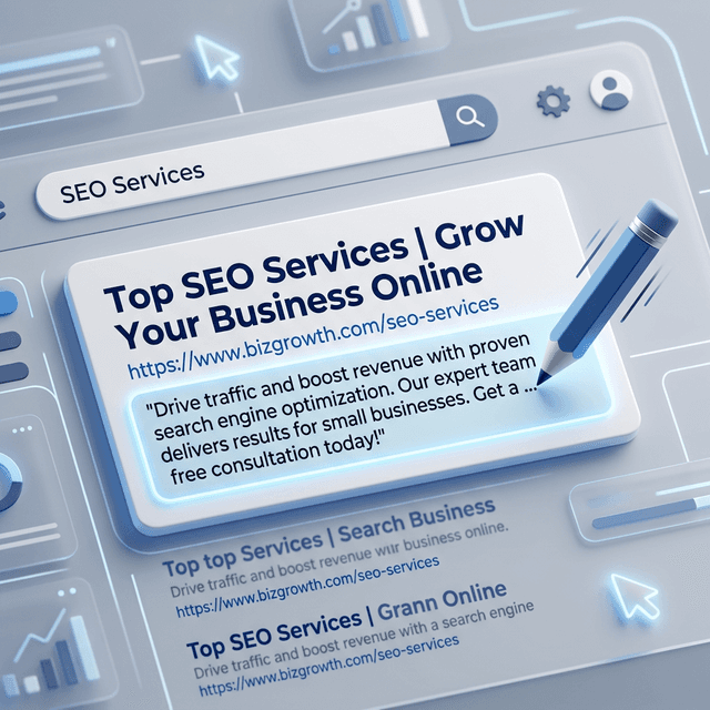 SEO copywriter drafting meta descriptions and search snippets on a laptop