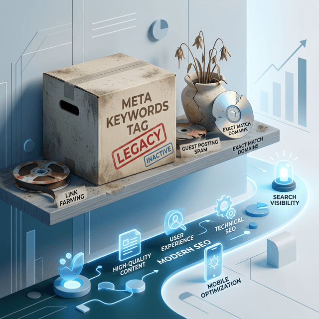 SEO metadata audit showing outdated meta keyword fields and modern optimization priorities