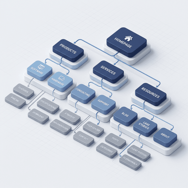 Website planning board showing content categories, page relationships, and navigation structure