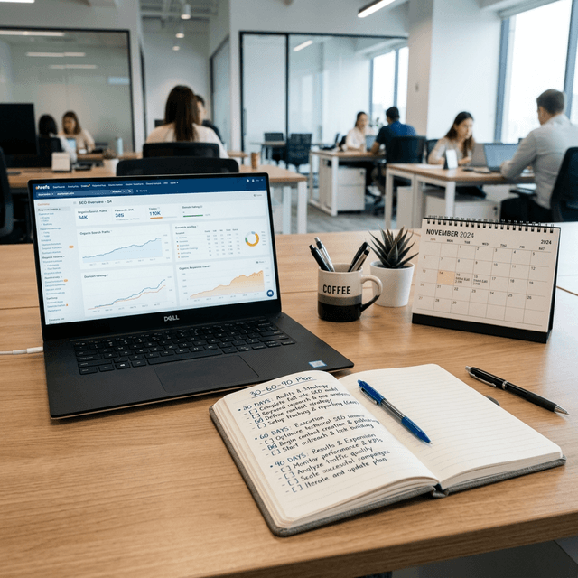 A clean, modern office desk with a calendar, a notebook with a '30-60-90 Day Plan' checklist, and a laptop showing SEO charts.