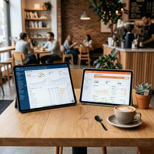 A premium, grounded photography scene of two modern tablets side-by-side on a wood cafe table, each displaying a different professional SEO software interface, illustrating a toolkit comparison.