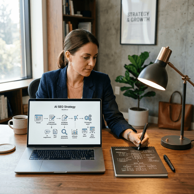 A premium, grounded photography scene of a professional studio with a laptop displaying an AI SEO strategy workflow, illustrating the integration of AI into modern content cycles.