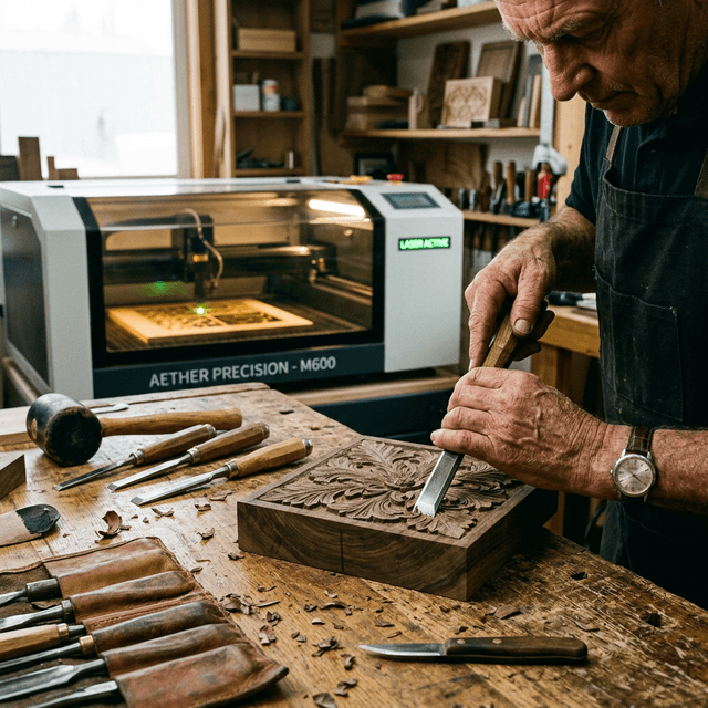 A photo-realistic metaphor comparing master craftsmanship hands using traditional tools vs a high-precision laser cutter.