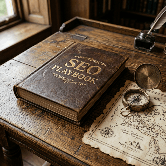 A photo-realistic image of a premium leather-bound SEO Playbook on a vintage wooden desk, symbolizing timeless strategy.