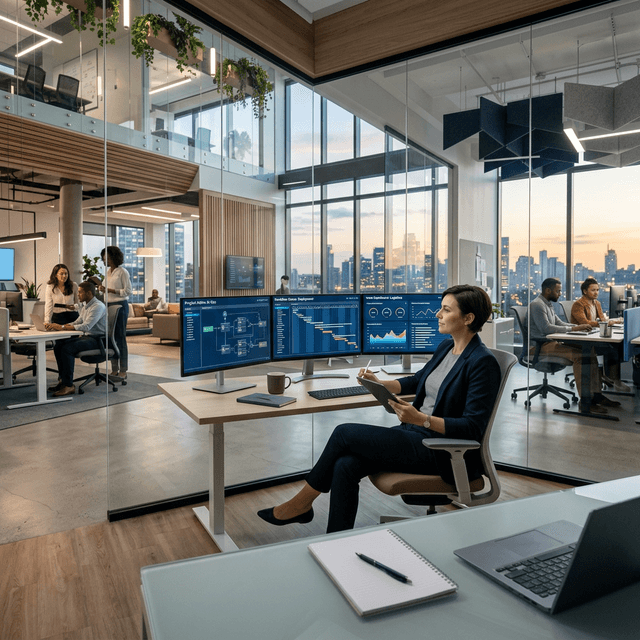 A wide shot of a modern, professional office where a relaxed expert reviews an automated SEO workflow dashboard.