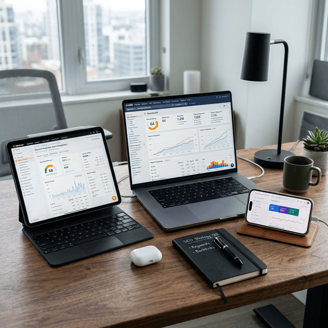 A realistic collection of professional tech devices displaying a variety of high-end SEO tool interfaces.