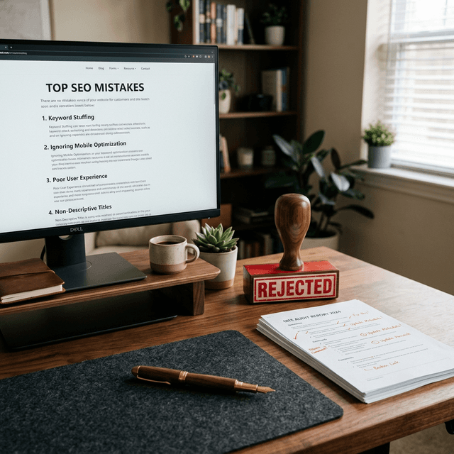 A premium, grounded photography scene of a professional workspace with a sleek monitor displaying a guide to SEO mistakes, with symbolic items like a REJECTED stamp for emphasis.