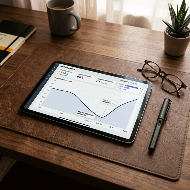 A premium, grounded photography scene of a tablet displaying a professional SEO analytics dashboard with a clear recovery inflection point, emphasizing data-driven content strategy.