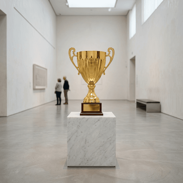 A photo-realistic, elegant gold trophy cup on a marble pedestal, representing the pride of winning the top search spot.