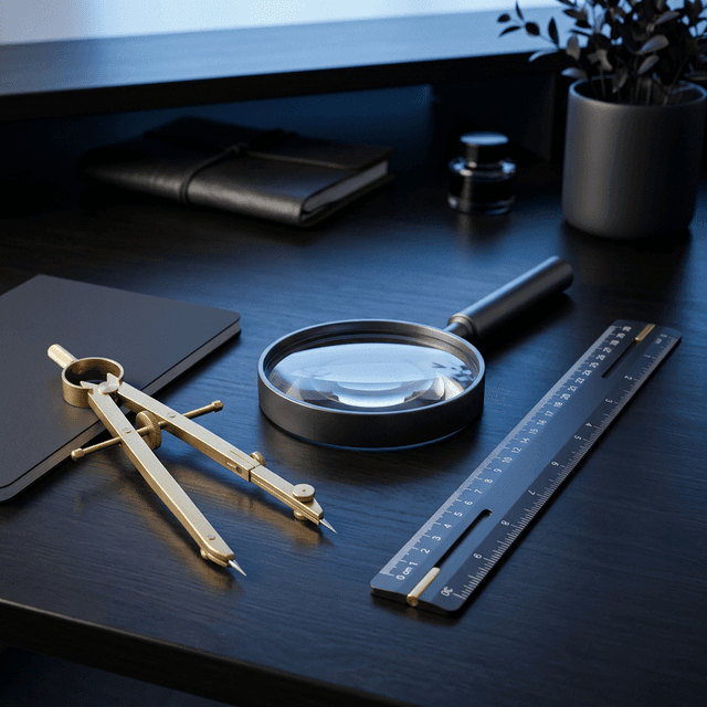 A sophisticated 3D composition of golden and dark metal SEO tools like a magnifying glass and compass on a polished minimal desk.