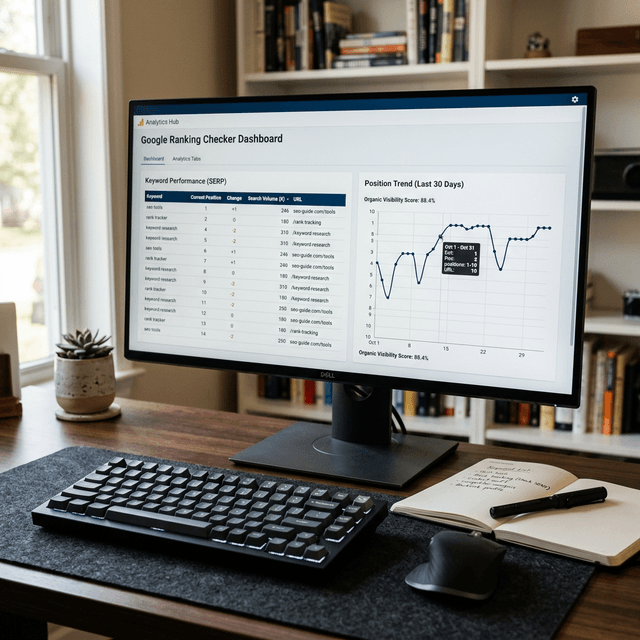A premium, grounded photography scene of a professional workspace with a sleek monitor displaying a detailed Google Ranking Checker dashboard, with SERP tables and trend charts.