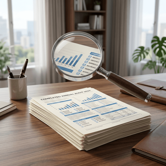 A clean 3D office scene with a magnifying glass over a stack of audit reports and checklist documents.