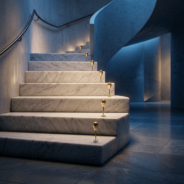 A creative 3D visualization of golden markers on rising marble steps, symbolizing keyword ranking progress.
