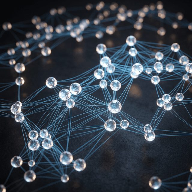 An elegant 3D network of crystalline spheres connected by glowing blue threads, representing site architecture and internal linking.