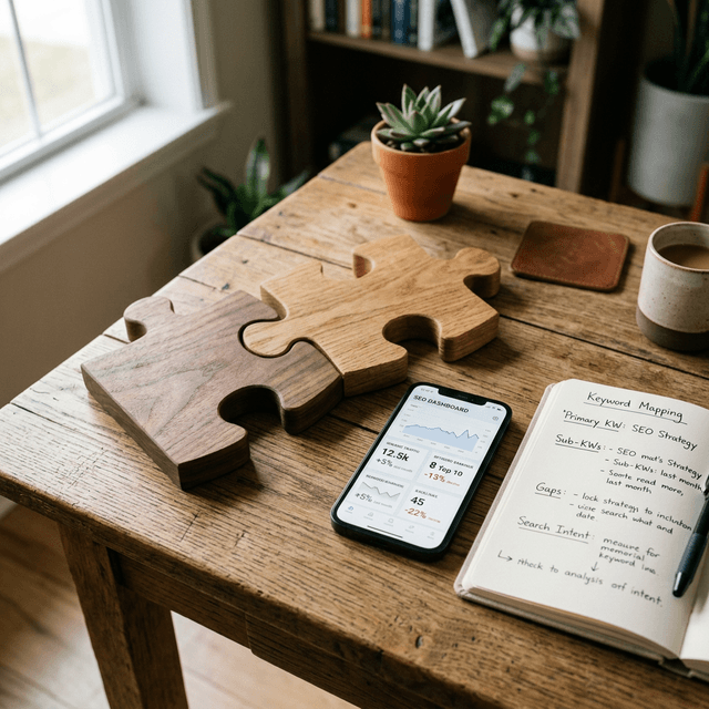 A premium, grounded photography scene of two overlapping wooden puzzle pieces on a clean desk, representing the importance of resolving keyword intent conflicts for better SEO.