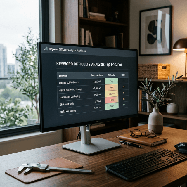 A premium, grounded photography scene of a professional workspace with a monitor displaying a detailed keyword difficulty analysis dashboard.