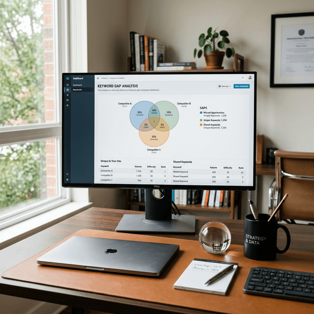 A premium, grounded photography scene of a professional workspace with a monitor displaying a detailed keyword gap analysis Venn diagram.