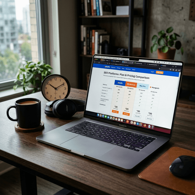 A premium, grounded photography scene of a professional workspace with a laptop displaying a toolkit comparison and pricing analysis for SEO platforms.