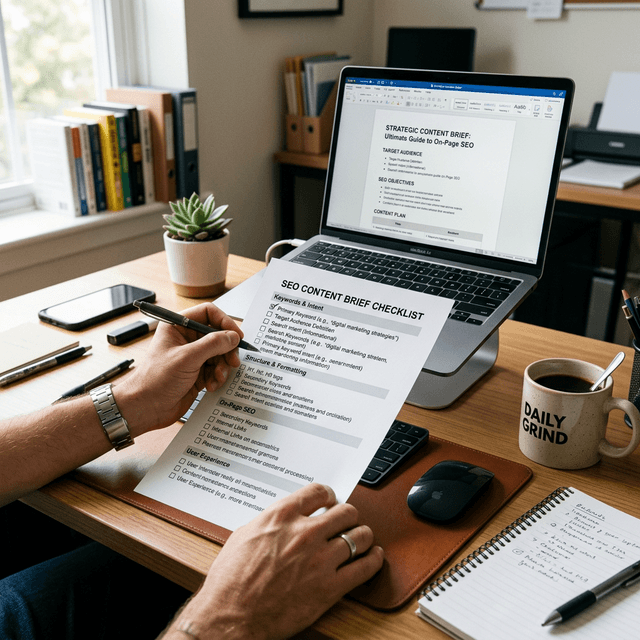 Editorial brief template with SEO checklist and ranking notes