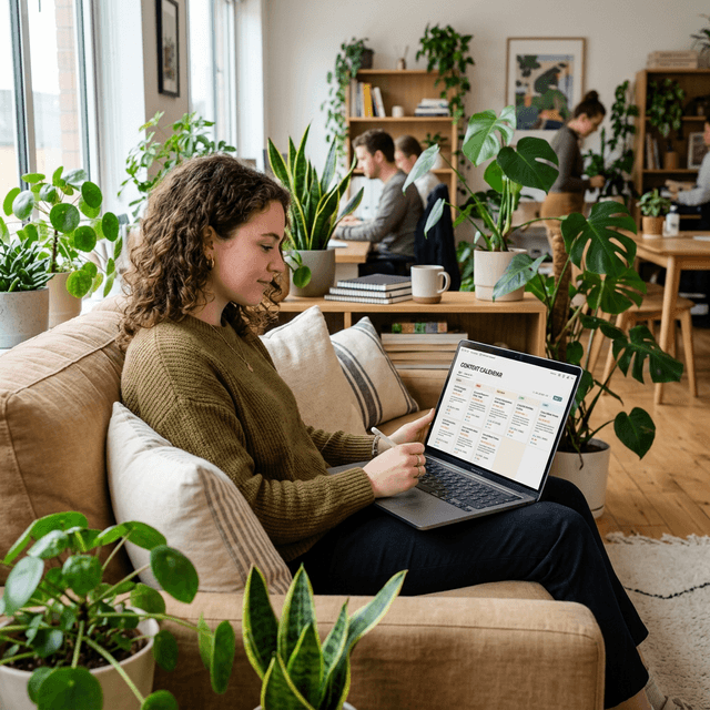 A content planner organizing SEO topic cards in a digital planner at a modern, green office