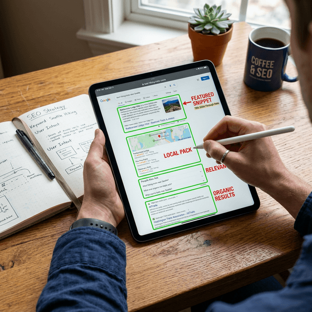 An iPad Pro showing annotated Google search results with strategic highlights on a wooden desk