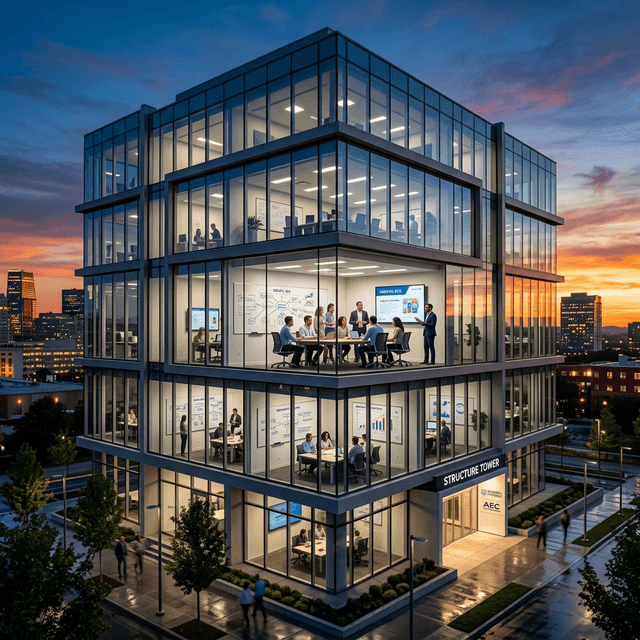 A photo-realistic, premium architectural shot of a modern glass office building at sunset, symbolizing clarity and structure.