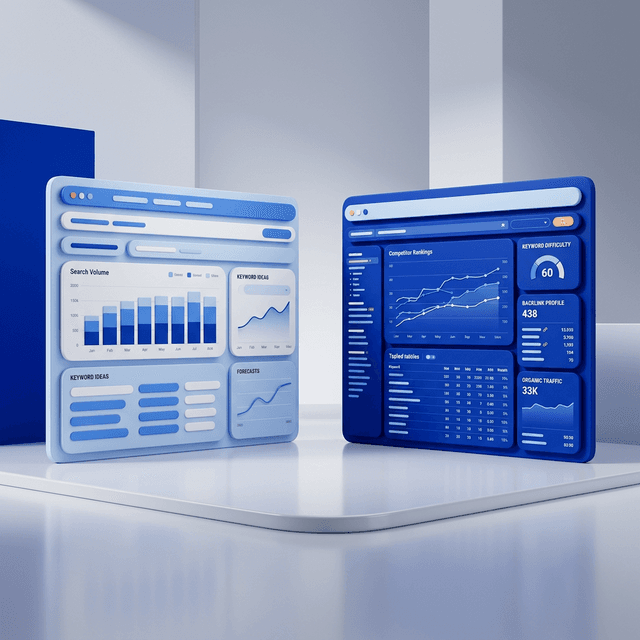 Keyword research dashboards comparing SEO and paid search data