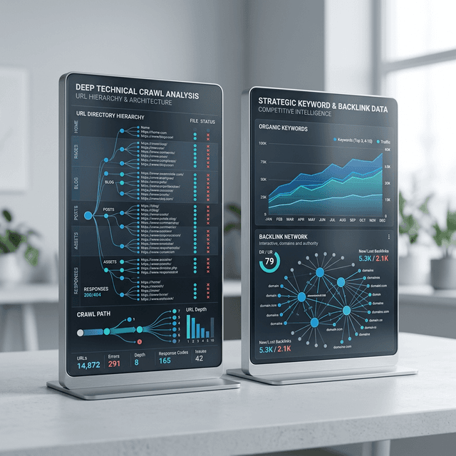 Technical SEO dashboards and crawl data on multiple screens