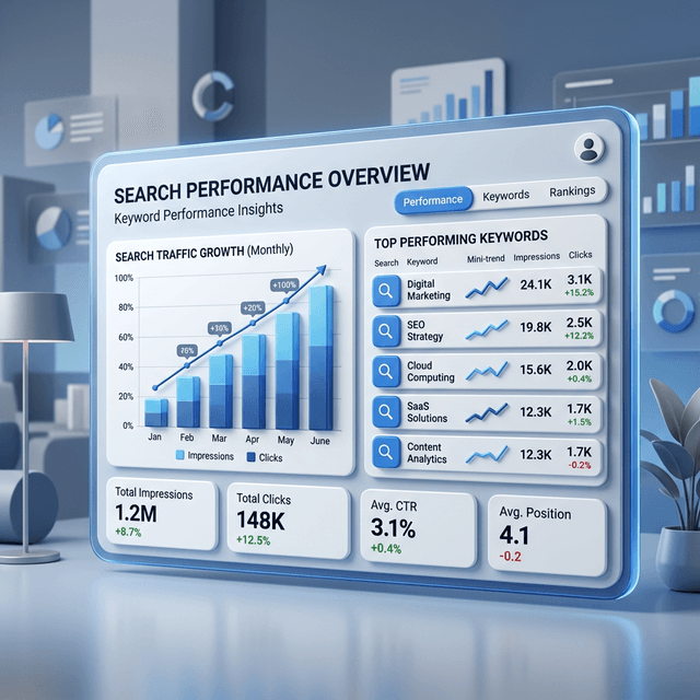 Search Console performance report showing keyword queries, clicks, impressions, and positions