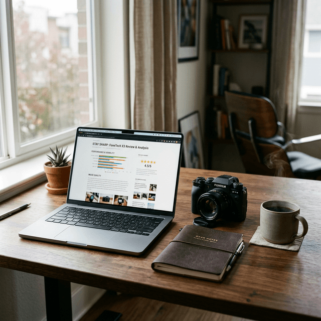 A premium, grounded indoor photography scene of a tidy dark oak desk with a modern laptop, professional camera, and a coffee mug, representing a high-quality affiliate review workspace.