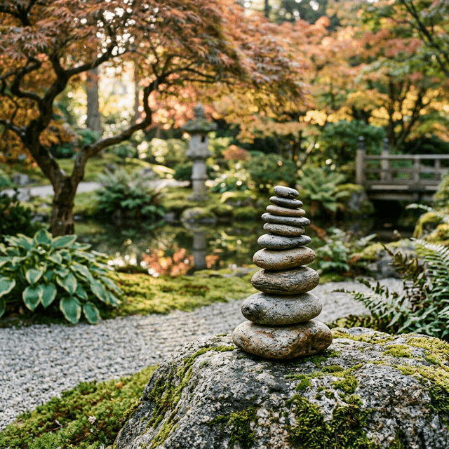 A photo-realistic image of a balanced stone cairn in a serene Japanese garden, symbolizing a stable built workflow.