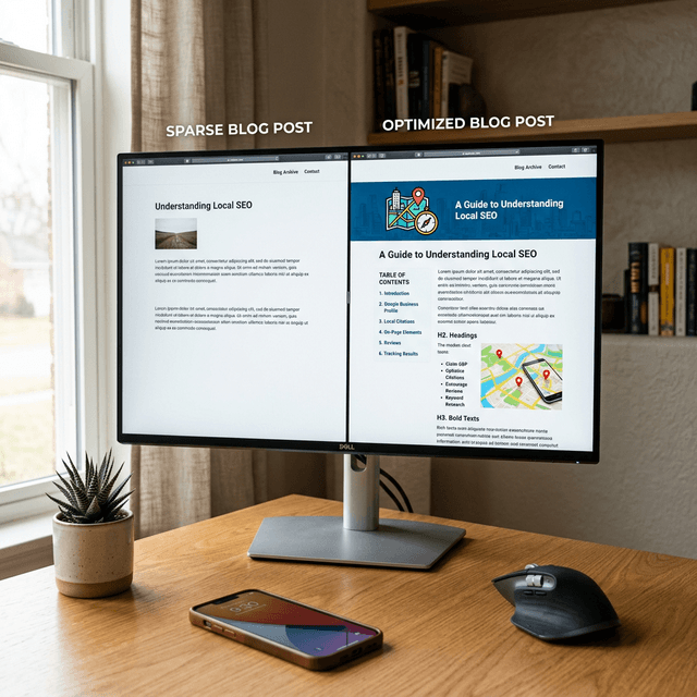 A premium, grounded photography scene of a monitor displaying a split-screen content optimization comparison, illustrating the value of comprehensive and well-structured SEO content.
