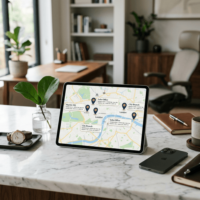 A premium, grounded photography scene of a sleek tablet in a modern office showing a multi-location SEO city map with elegant status pins.