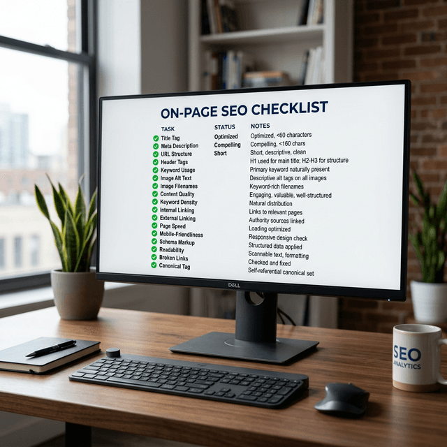 Professional workspace showing a monitor with an on-page SEO checklist and optimization scoring.