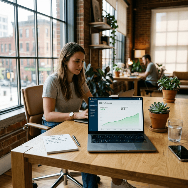 A premium, grounded photography scene of a clean startup workspace with a modern laptop displaying an upward SEO growth curve, emphasizing early-stage visibility strategy.