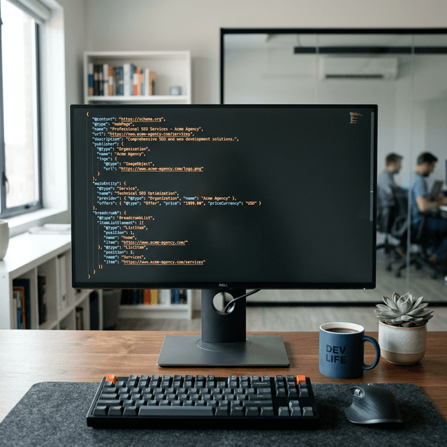 Developer reviewing structured data and analytics panels for SEO implementation